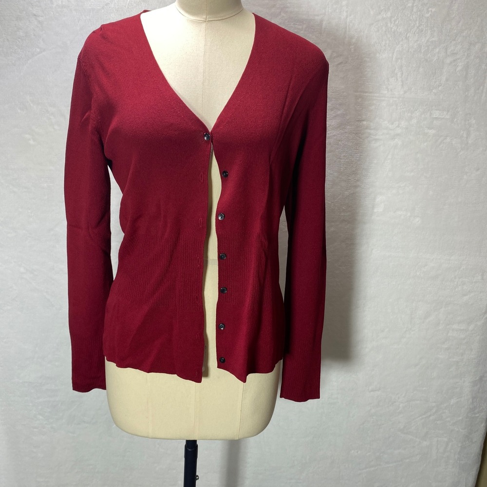Ann Taylor M Cardigan Burgundy Ribbed Knit V Neck Womens Sweater Top Mature